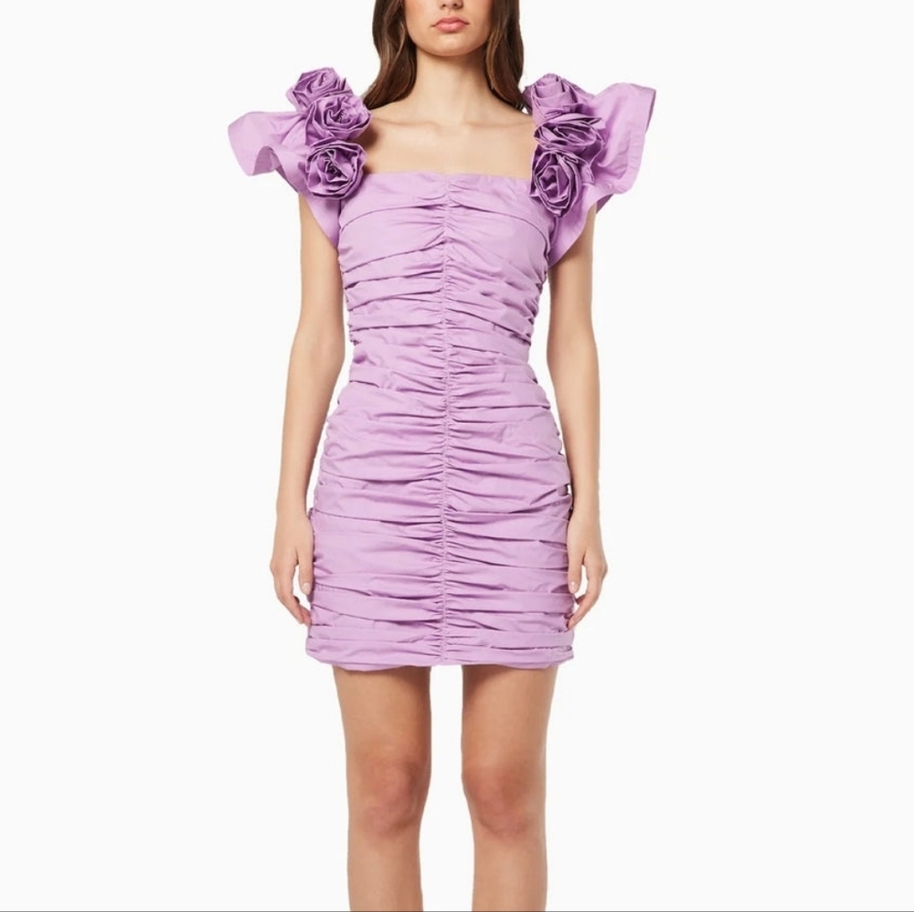 ELLIATT Shirley ruched poplin with ruffle and flower sleeves bodycon mini Dress